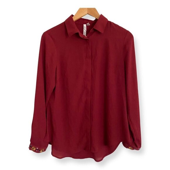 NY Collection Women’s Maroon Embroidered Button Down Top/Shirt. Medium. - Picture 1 of 12